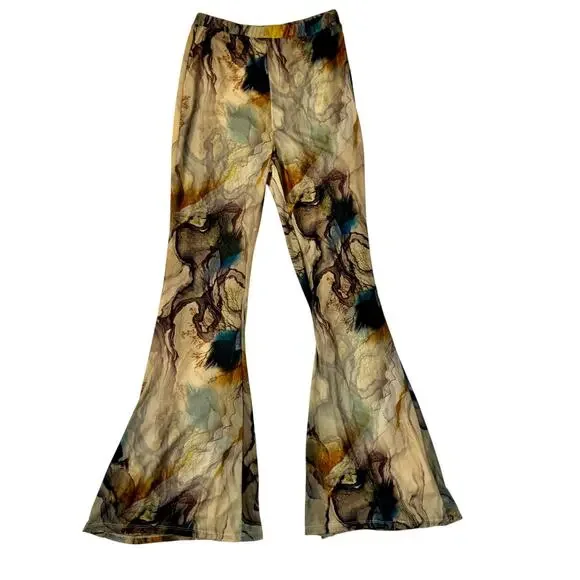 Blanc Abstract Mesh Flare Pants Large Earth Tone Sheer Print Y2K Art Girl Indie - Picture 2 of 14